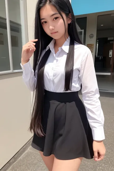 a 16-year-old high school girl with long black hair wearing a dress shirt