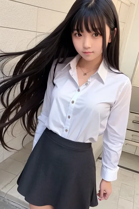 A 16-year-old high school girl with long black hair wearing a dress shirt