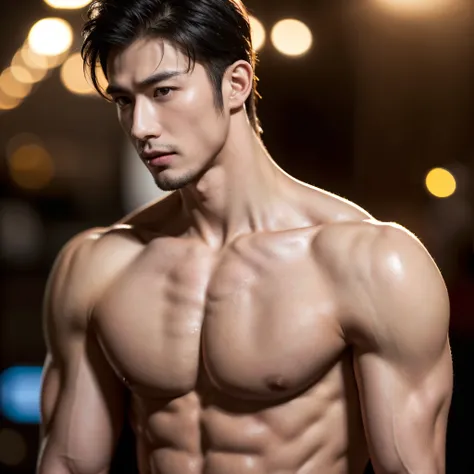 (best quality, realistic:1.37), HDR, studio lighting, ultra-detailed, professional, vivid colors, bokeh, portraits, Japanese man, tall, handsome, dark hair, 25 years old, white skin, muscular, six-pack, attractive, athletic, sweating profusely