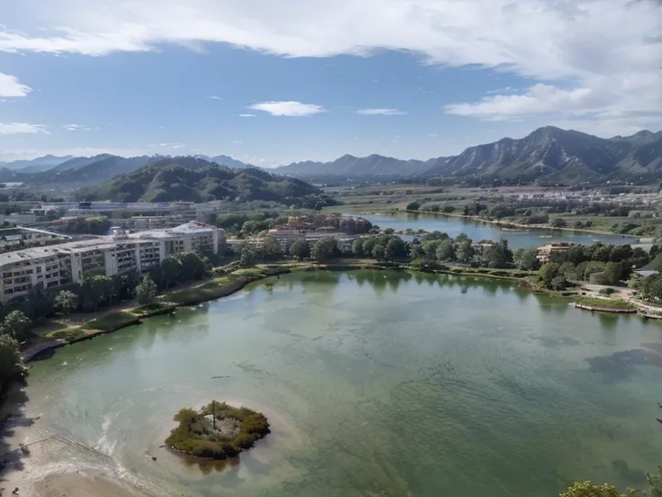 Community around the lake，dense with greenery，tall house，Planes