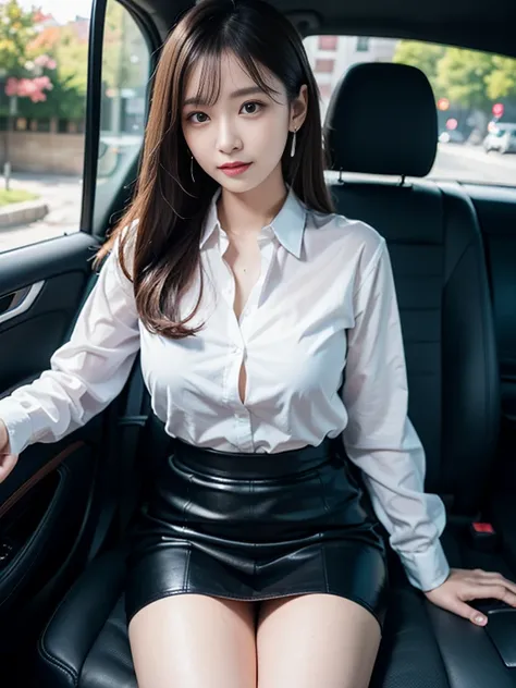 lower ponytail, black_hair, car, ((sitting)), Blunt bangs, jewelry, earrings, ((pencil_skirt)), lipstick, lips, looking_at_viewer, ((on_car seat)), indoors,large breasts, white shirt, (from below:1.3)
BREAK
1woman, (smily japanese), 25yo, (highly beautiful...