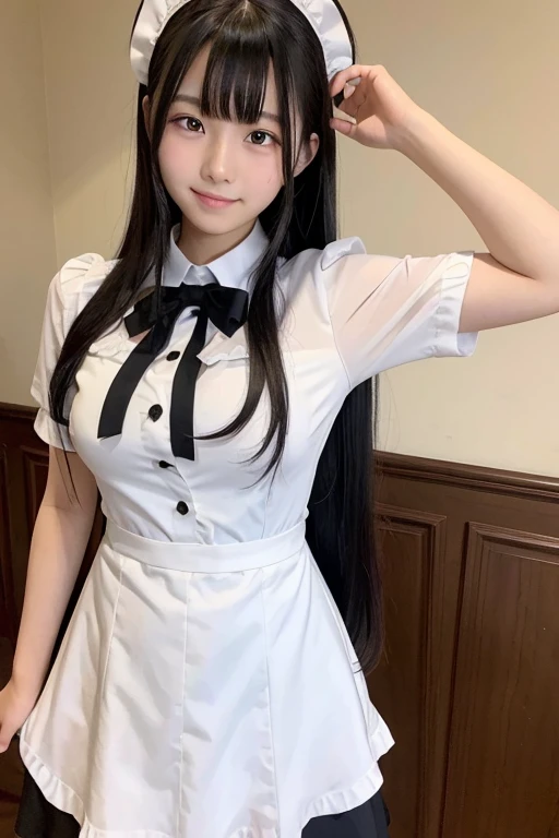 A 16-year-old high school girl with long black hair wearing a maid outfit.