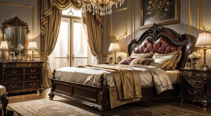 Luxurious rococo baroque setting，Close up view from the bedroom