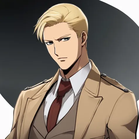 Reiner Braun is tall, buff, with very short blonde hair and a very short stubble goatee, small amber eyes, thin eyebrows, very masculine features. Wears a long beige coat, white dress shirt, black tie, and a red armband with a white nine-pointed star on it...