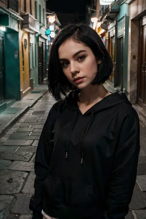 woman, pale skin, square jawline, her black hair is cut into a stylish bob. black hoodie. the background of mexico street, night. selfie photo. encuadre 3/4