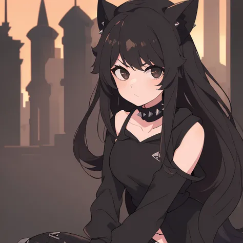 ((masterpiece, best quality)), ((1girl)), (white crop top), ((black open hoodie)), ((black short jeans)), (fishnets), (black military boots), ((dark brown long straight hair)), brown cat ears, serious, black eyes, rosy cheeks, (black choker with spikes), (...