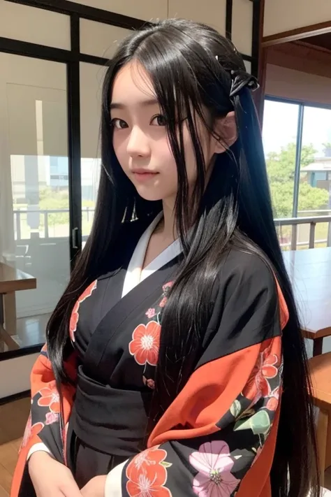 A 16-year-old high school girl with long black hair wearing a kimono..