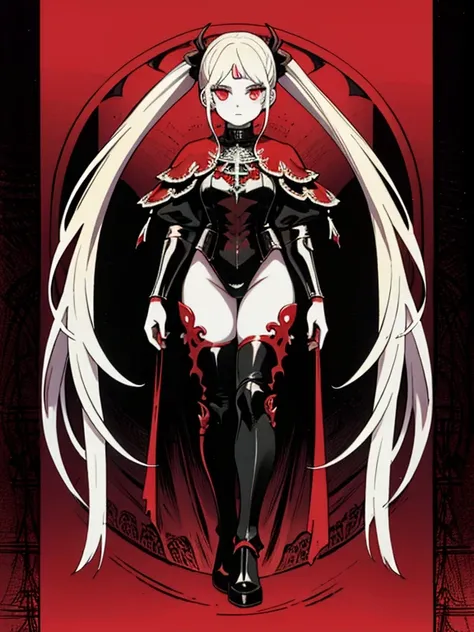 pale young divine gothic priestess, twintails, pure white skin, rust decay, Beautiful full body symmetrical portrait, Delicate blonde hairstyle, crimson eyes, dark red elegant gothic armor, encrusted with red gems, dark cathedral, masterpiece, Highest imag...