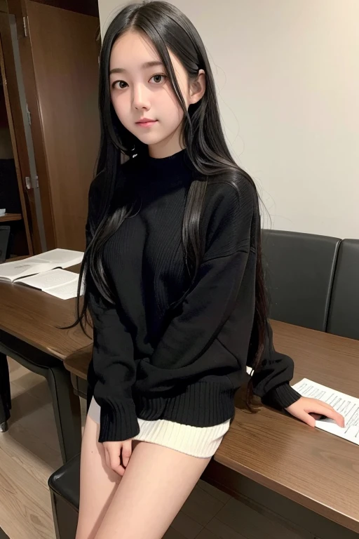 A 16-year-old high school girl with long black hair wearing a virginity-killing sweater.