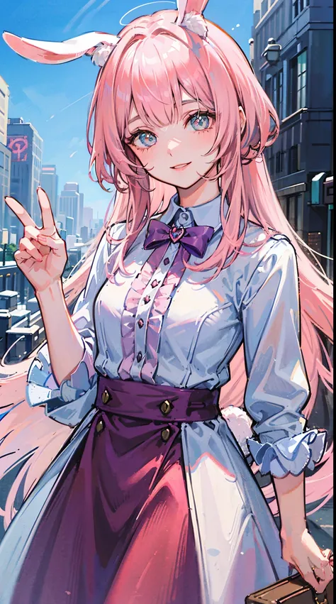 (masterpiece), best quality, (gentle smile), bunny girl, (bunny ears:1.2), (long pastel pink hair:1.2), (hair bangs), (hair hiding ears), (hazel eyes:1.2), (extremely detailed eyes), (fluffy bunny tail), (wearing modern clothing), (soft smile), city backgr...