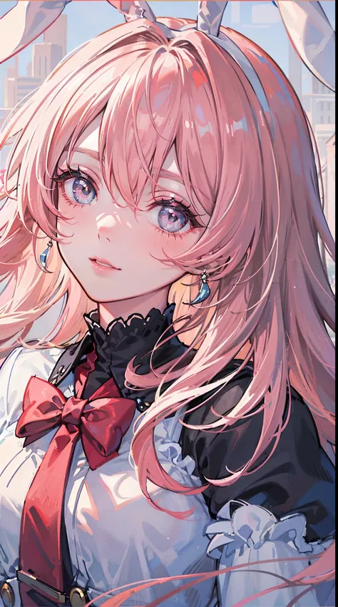 (masterpiece), best quality, bunny girl, (bunny ears:1.2), (long pastel pink hair), (hair bangs), (hair hiding ears), (hazel eyes:1.2), (extremely detailed eyes), (fluffy bunny tail), (wearing modern clothing), side view, soft smile, city background