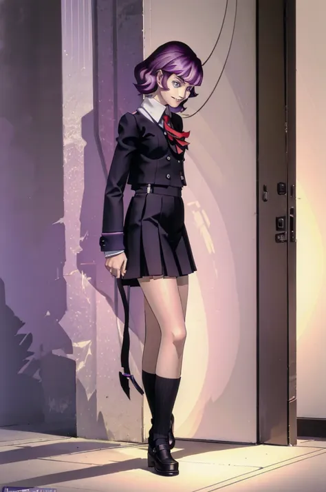 best quality, masterpiece, purple hair, girl, greyish blue eyes, full body, school uniform, light smile