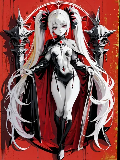 pale young divine gothic priestess, twintails, pure white skin, rust decay, Beautiful full body symmetrical portrait, Delicate blonde hairstyle, crimson eyes, dark red elegant gothic armor, encrusted with red gems, dark cathedral, masterpiece, Highest imag...