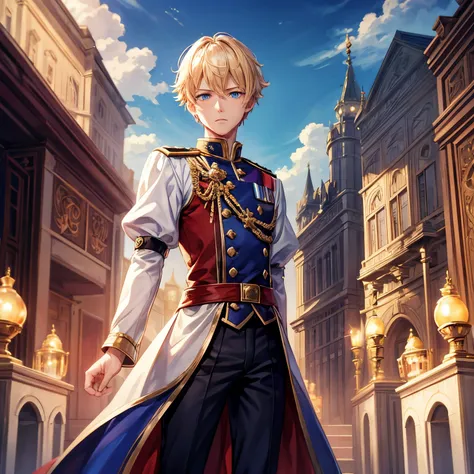 One Boy、animations、Fantasy world background、hightquality、high-level image quality、a blond、blue eyes、Shorthair、diadems、prinz、Troubled face,royal family、prinz、background of the inner palace of the royal palace