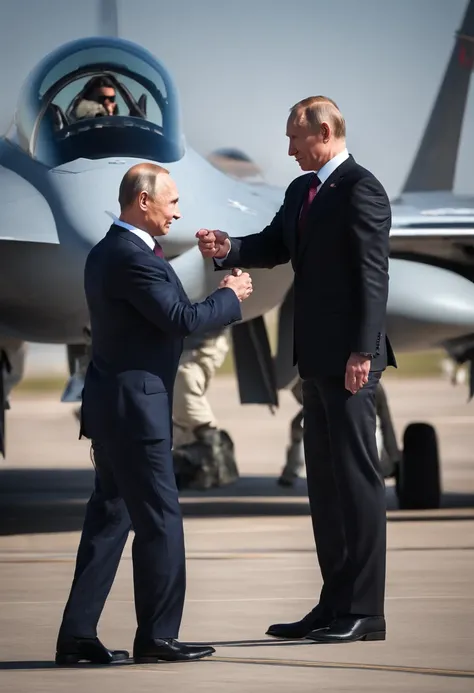 A photo of Putin inspecting a new state-of-the-art fighter jet,original,Vladimir Putin, the Russian President, presents a carefully crafted image: he is typically seen with a short, neat haircut and a lean, athletic physique, often dressed in suits that pr...