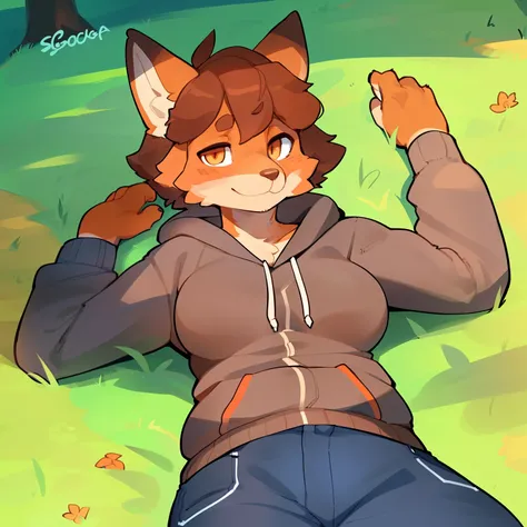 Solo, female, orange fox, ((snout)), by bigcozyorca, by goonie-san, by bebebebebe, by spikedmauler, facing viewer, orange eyes, brown hair, gray hoodie, jeans, orange fur, bedroom eyes, medium breasts, lustful expression, BG: park, laying on grass