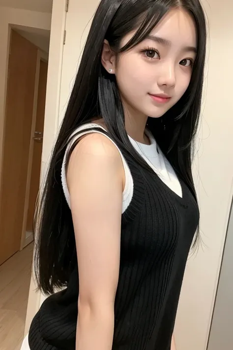 A 16-year-old high school girl with long black hair wearing sleeveless sweater