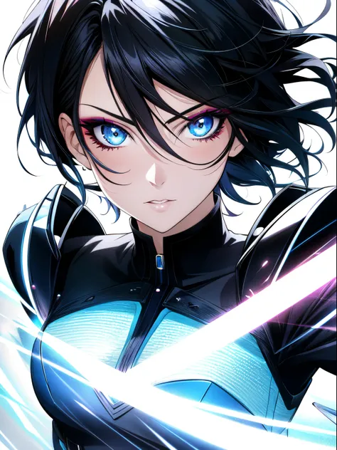 Katarina_Valentine, short black hair, light blue eyes, backlight, bang, makeup, detailed eyes, symmetrical face, dynamic hair movement, dynamic pose, pixiv, anime, sharp focus, 35mm, ultra detail, 4 k, radiant light, cowboy shot