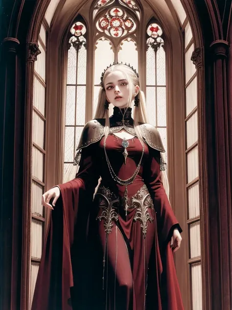 pale young divine gothic priestess, twintails, pure white skin, rust decay, Beautiful full body symmetrical portrait, Delicate blonde hairstyle, crimson eyes, dark red elegant gothic armor, encrusted with red gems, dark cathedral, masterpiece, Highest imag...