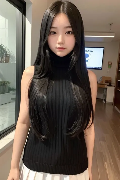 A 16-year-old high school girl with long black hair wearing sleeveless sweater