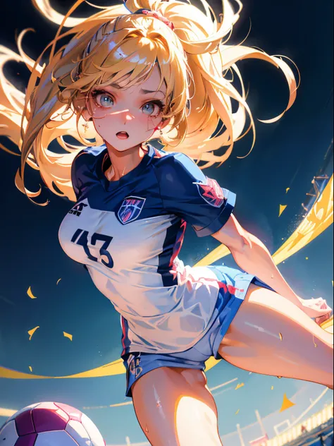 Best Quality, masutepiece,  High resolution, (Anime Heroine Illustration), Anime Paint, 1beautiful girl ,Dynamic Angle,Womens Soccer Players,Shoot the ball,small head,Large breasts,nice legs, Glowing skin, Sweat,At the soccer venue ,(Detailed beautiful fac...