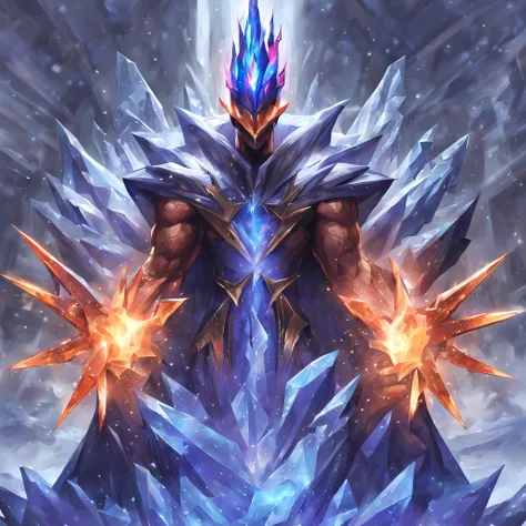 best aesthetic,lolsplashart,a being made out of ice,god like body,cosmic god,cool chest,cool body,badass body,cape,fire spikes made out of the material of crystals,white background,musclar,god,crossed arms