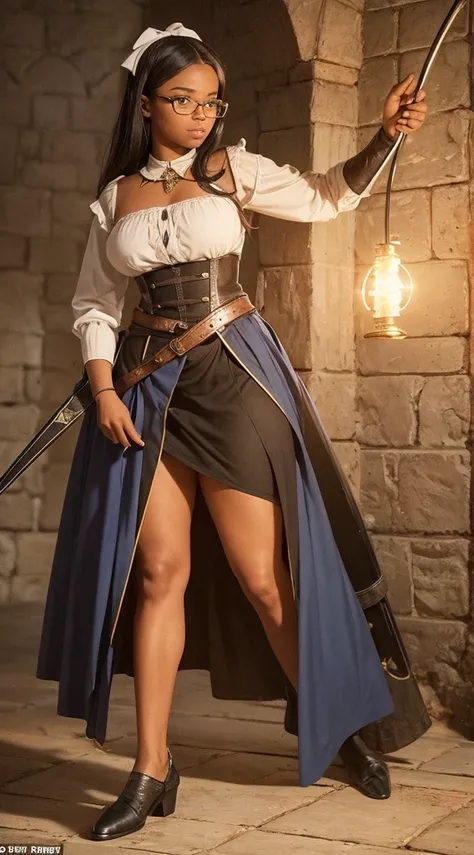 Nerdy black girl wearing a low-cut medieval blouse, tight medieval pants, medieval shoes, with prescription glasses and a bow of light in her hands. Perfect body, proportional breasts, proportional butt, shapely legs, tattoo of a white eagle on the arm, bl...