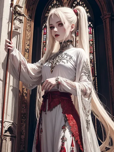 pale young divine gothic priestess, twintails, pure white skin, rust decay, Beautiful full body symmetrical portrait, Delicate blonde hairstyle, crimson eyes, dark red elegant gothic armor, encrusted with red gems, dark cathedral, masterpiece, Highest imag...