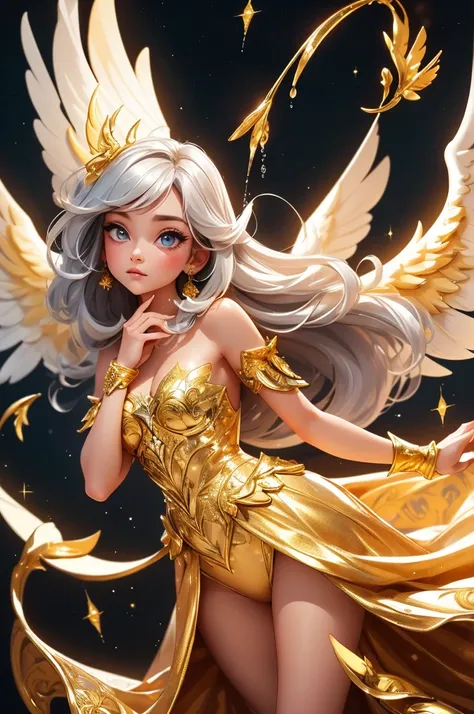 girl with angel wings, wearing a gold dress made of liquid gold, designers dress, in heaven, glorious, flowing, dripping, sparkling, dazzling, majestic, masterpiece, best quality details, unique design, intricate details, beautiful, high details, majestic ...