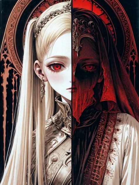 pale young divine gothic priestess, twintails, pure white skin, rust decay, Beautiful full body symmetrical portrait, Delicate blonde hairstyle, crimson eyes, dark red elegant gothic armor, encrusted with red gems, dark cathedral, masterpiece, Highest imag...