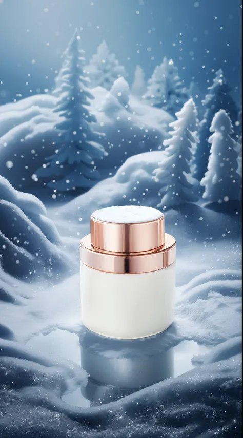 There is a jar of cream on the snow, vacation, fantasia de cena de inverno, soft white glow, winter setting, Winters, Powdered, Surreal, to emphasize, at winter season, Heavy vignette!, Smooth porcelain skin, Edited, inspiration, skin care, perfume, skin c...