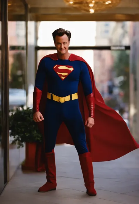 A photo of Chandler in a superhero costume, striking a dramatic pose,Friends TV Show,Chandler Bing, a character from the popular TV sitcom “Friends,” has a lean build and a boyish appearance, often characterized by his short, neatly styled hair and a sarca...