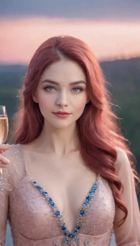 (a woman,beautiful face,long eyelashes,pink long hair,blue pupils,gemstone necklace,low-cut evening gown,holding a glass of champagne,red evening gown,starry sky,elegant,surreal art)