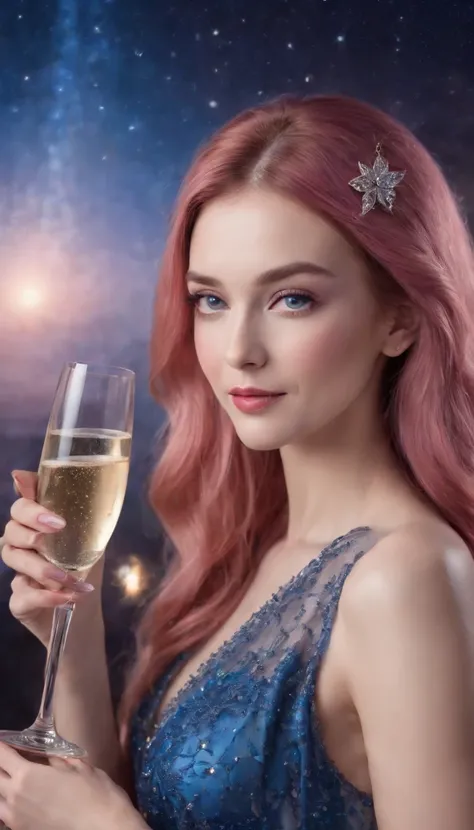 (a woman,beautiful face,long eyelashes,pink long hair,blue pupils,gemstone necklace,low-cut evening gown,holding a glass of champagne,red evening gown,starry sky,elegant,surreal art)