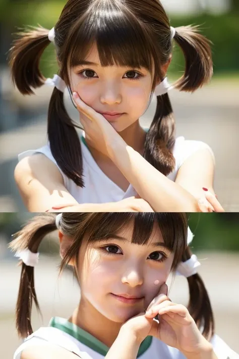 (SFW:1.5), masutepiece, Best Quality,(young and cute pose:1.9),(Japan girls at 8 years old:1.5),(Looks like youre about to cry:1.3),Brown eyes、(Small:1.9)、(smooth twin tail hair:1.5)、(The body that moves the whole body、Skinny Legs)、A detailed eye、Very whit...