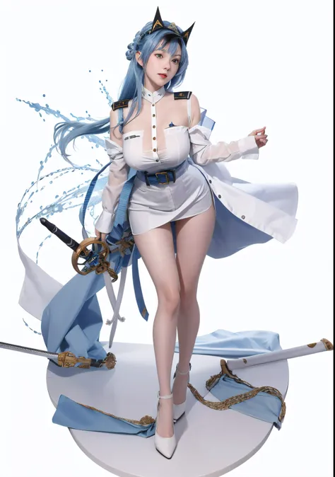 a woman in a white shirt and blue skirt holding a sword, azur lane style, from the azur lane videogame, kantai collection style,...