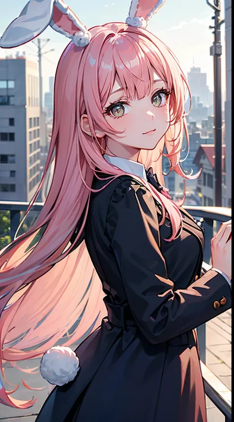 (masterpiece), best quality, bunny girl, (bunny ears:1.2), (long pastel pink hair), (hair bangs), (hair hiding ears), (hazel eyes:1.2), (extremely detailed eyes), (fluffy bunny tail), (wearing modern clothing), side view, soft smile, city background