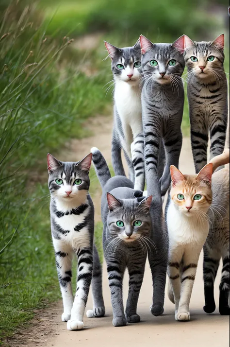 Four cats walking together