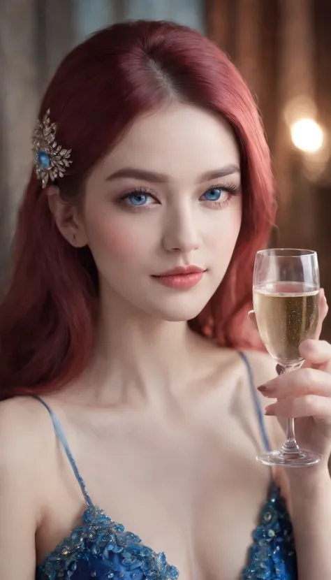 (A woman who is,pretty  face,Long eyelashes,Pink Long Hair,Blue pupil,Gem Necklace,Low-cut evening dress,holding a glass of champagne,Red evening dress,starrysky,Elegant,Surreal art)