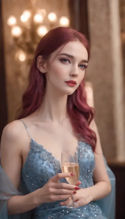 (A woman who is,pretty  face,Long eyelashes,Pink Long Hair,Blue pupil,Gem Necklace,Low-cut evening dress,holding a glass of champagne,Red evening dress,starrysky,Elegant,Surreal art)