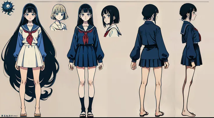 girl with,1 persons, 18year old,Cool, Standing Girl, three sided view, front, Back and sides, Character Sheet,Full body,Simple background,design sheet,female students,a sailor suit,murky,Nightmare, Night,Junji Ito