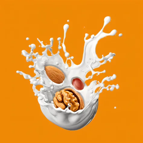 Orange background，milk splashes，Walnut kernels，Almonds，peanuts,milk details，