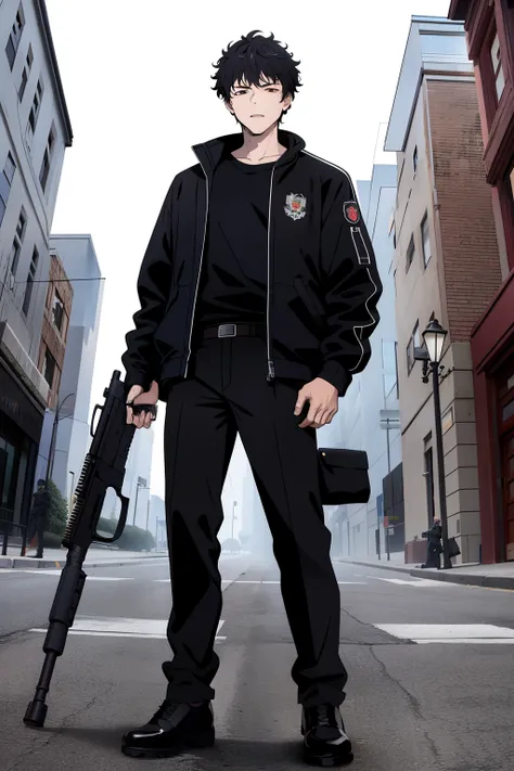 Boy, curly hair like rings,Black jacket, long black pants,He holds a Russian PKC machine gun in his hand, full body, PK machine gun,Photography angle from below, Pekka machine gun, PKC, He holds a weapon in his hands