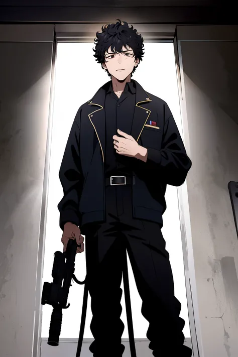 Boy, curly hair like rings,Black jacket, long black pants,He holds a Russian PKC machine gun in his hand, full body, PK machine gun,Photography angle from below, Pekka machine gun, PKC, He holds a weapon in his hands