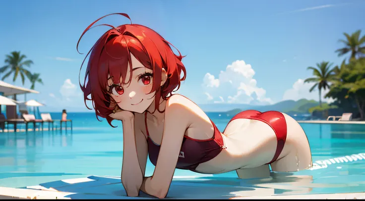 Beautiful girl with short red hair、Shoulders are visible、Ragged hair、swim wears、red eyes、、A smile、private beach、Resorts、Gravure Idol Pose、