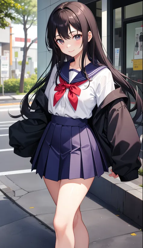 1girl in、AS-Adult、virgin、A smile、be shy、The shirt、skirt by the、（small tits）Japan High School、校服、serafuku、Walking with a thigh、Upper body portrait、