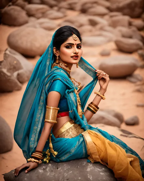 arafed woman in a blue sari sitting on a rock, blue colored traditional wear, indian, indian super model, traditional beauty, traditional clothes, dressed in a sari, attractive girl, indian style, indian girl with brown skin, indian goddess, traditional cl...