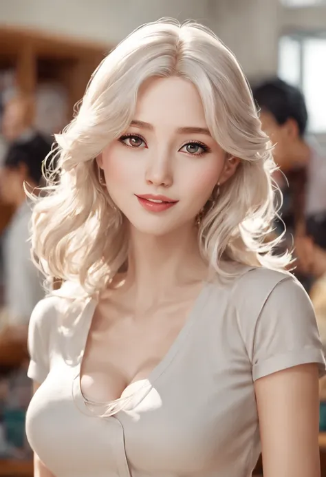 a hogg, White-haired beauty in school environment, Big breasts, big breasts (Best quality, 4K, 8K, A high resolution, tmasterpiece:1.2) ultra - detailed, (actual, realistically, realisticlying:1.37) Qili. Her eyes are fascinating, with intricate detail. He...