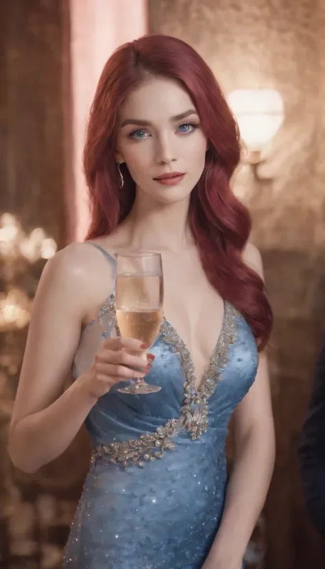 (A woman who is,pretty  face,Long eyelashes,Pink Long Hair,Blue pupil,Gem Necklace,Low-cut evening dress,holding a glass of champagne,Red evening dress,starrysky,Elegant,Surreal art)