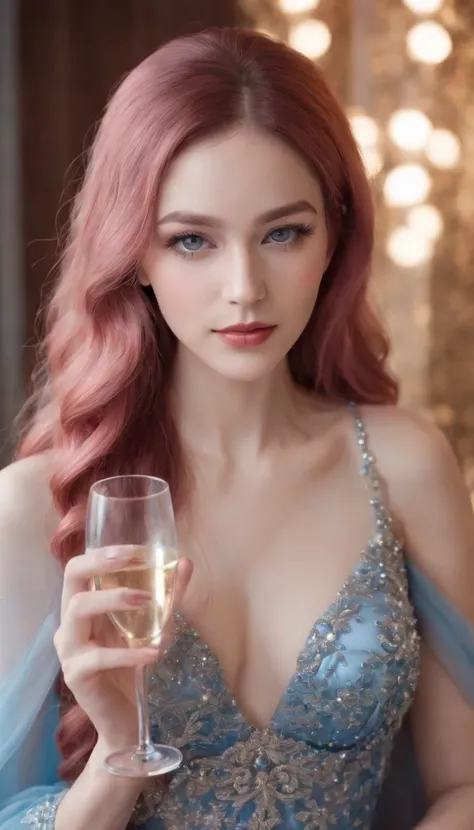 (A woman who is,pretty  face,Long eyelashes,Pink Long Hair,Blue pupil,Gem Necklace,Low-cut evening dress,holding a glass of champagne,Red evening dress,starrysky,Elegant,Surreal art)